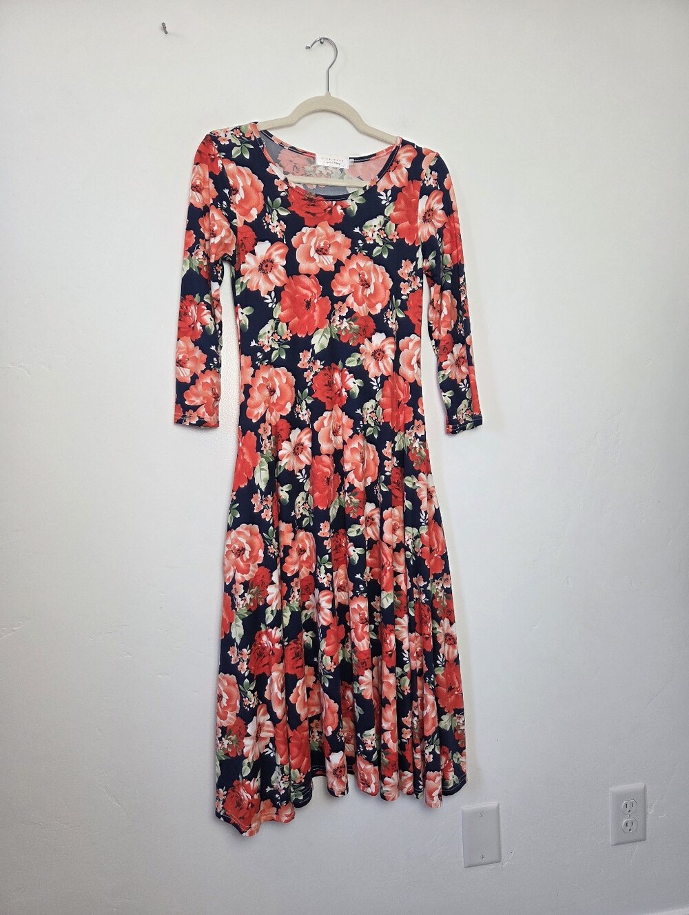 Sign Here Bright Red Floral Swing Midi Dress Jersey Modest Teacher Comfy Small